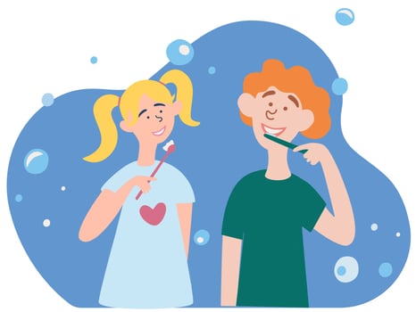 Children a boy and a girl brush their teeth. Morning routine, taking care of dental health. Brother and sister cartoon characters. vector