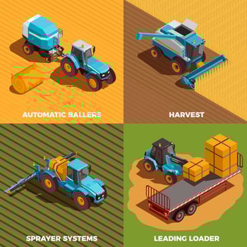 Agricultural Machines Isometric Concept Icons Set Vector Illustration