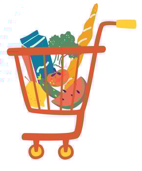 Shopping trolley full food meal. Complete shopping cart. Grocery store, supermarket. Department store goods. vector