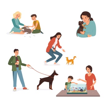 Set of illustration with happy pet owners. Children play with a rabbit, a girl hugs a puppy, a man walks the dog, mom and son feed the fish, a woman strokes a cat. Vector illustration