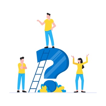 Teamwork concept with tiny people characters working together with big question mark frequently asked questions concept vector