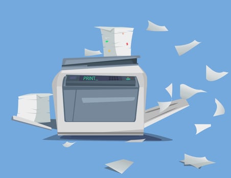 Office Multifunction Printer scanner A lot of documents and papers Isolated Flat Vector Illustration