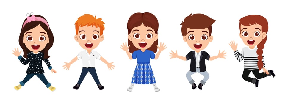 Happy cute kid boys and girls character wearing beautiful outfit jumping on white background celebrating vector
