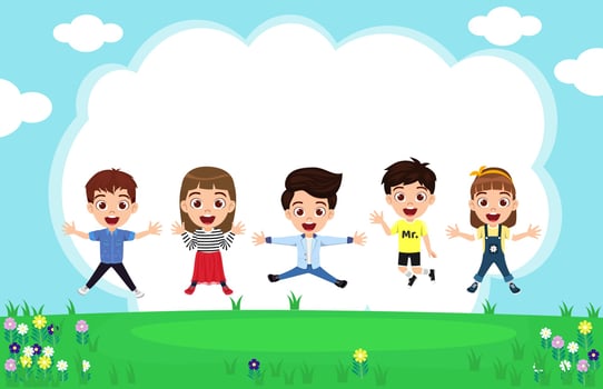 Happy cute kid boys and girls character wearing beautiful outfit jumping on garden background celebrating with sky flower vector