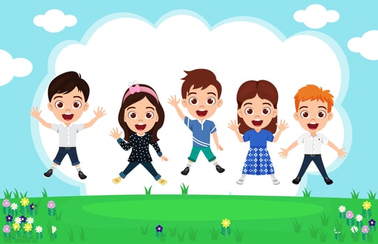 Happy cute kid boys and girls character wearing beautiful outfit jumping on garden background celebrating vector