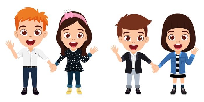 Happy cute kid boys and girls character wearing beautiful outfit standing holding hands together and waving isolated on white background vector