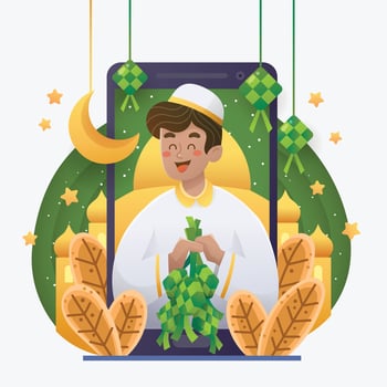 A Man Celebrating Eid Mubarak with Ketupat vector