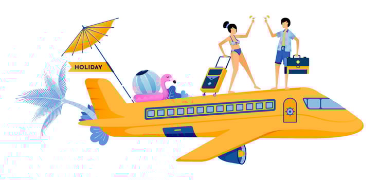 Man and woman boarding a plane for vacation to tropical island beach Couple honeymoon period during summer vacation Illustration can be used for landing page banner website web poster brochure vector