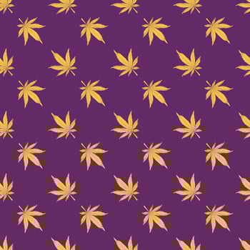 Cannabis seamless pattern. Yellow hemp leaves on a purple background. Marijuana pattern vector illustration