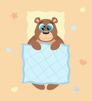 Cartoon Bear character under the blanket Cute animal is going to sleep Poster for baby room nursery Vector illustration for kids