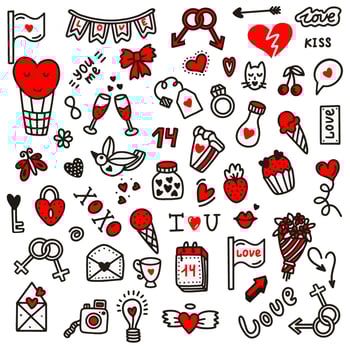 Valentines day love doodles.Vector illustration in doodle style. Design for Valentines Day,wedding, Greeting Cards vector