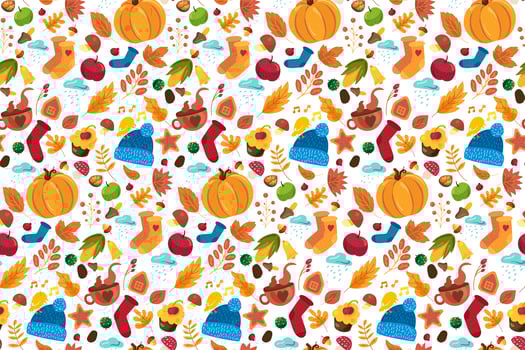 Autumn pattern with cute fall symbols ornament vector