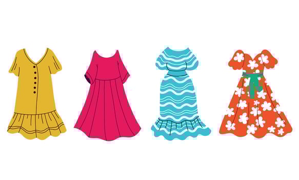 Summer red women's dress with a belt. Dress with a floral pattern. Vector flat cartoon illustration.
