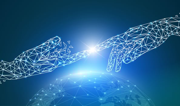 Concept of global network or communication technology, digital hand pointing and touching together on wireframe globe vector