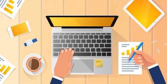 Top angle view of Businessman Hands Working on Laptop at Desk Flat Vector Illustration Business