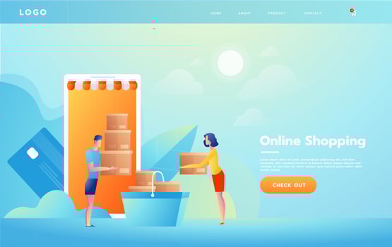 E-commerce or online shopping concept with hands reaching out of a screen holding products. vector