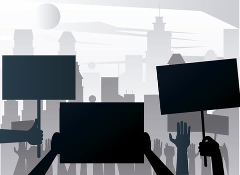 people hands protesting lifting banners silhouettes on the city vector