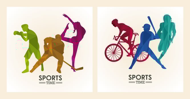 sports time poster with athletes figures silhouettes frames vector