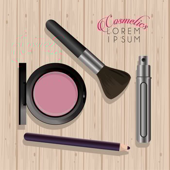 lettering and makeup cosmetics in wooden background vector