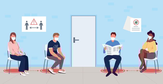 Patients waiting for coronavirus vaccine flat color vector illustration