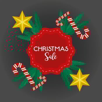 merry christmas sale lettering with canes and stars in leafs frame vector