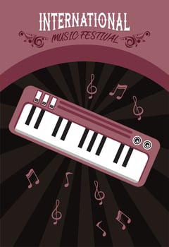 international music festival poster with piano in black background vector