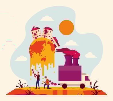 global warming alert with people and melting planet vector