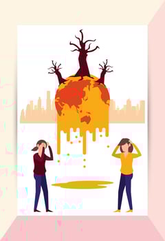 global warming alert with people and melting planet vector