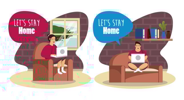 lets stay at home scene with couple working in laptop vector