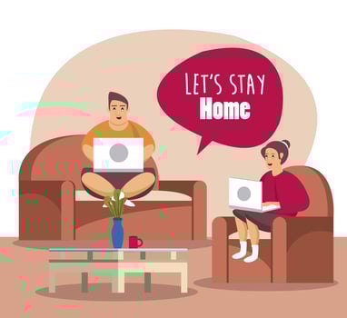 lets stay at home scene with couple working in laptop vector