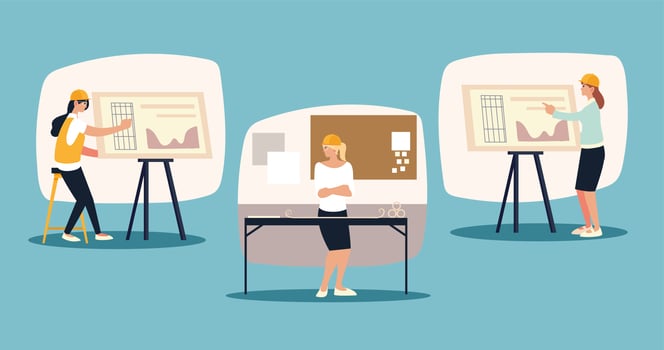 female builders and architects set planning project blueprints construction vector