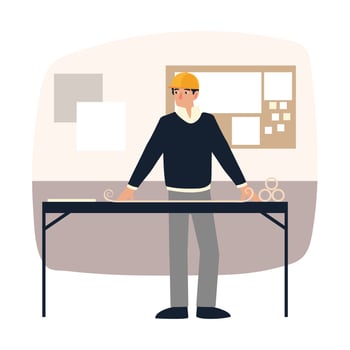 young male architect with blueprint on table in the office vector