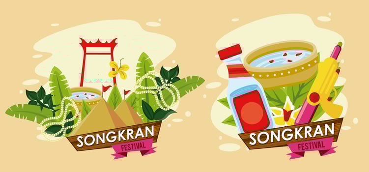 songkran celebration party scenes icons vector