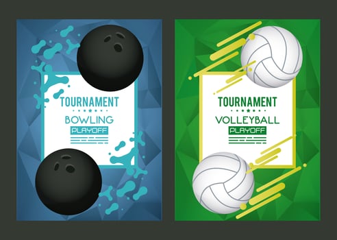 volleyball and bowling sports equipment poster vector