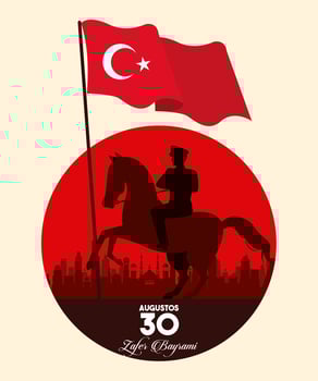 zafer bayrami celebration with soldier in horse waving flag vector