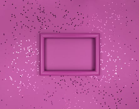 Frame and confetti stars on a violet background photo