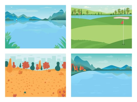 Seasonal landscape flat color vector illustration set