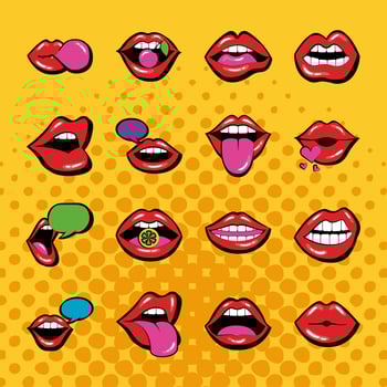 bundle of sixteen mouths and lips set icons in yellow background vector