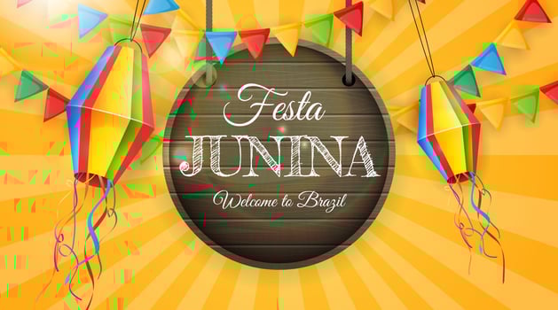 Festa Junina Background with Party Flags and Lanterns. Brazil June Festival Background for Greeting Card vector