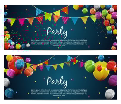 Party Birthday Background. Banner with Flags and Balloons Vector Illustration