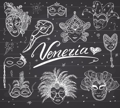 Venice Italy sketch carnival venetian masks Hand drawn set Drawing doodle collection on chalkboard background vector