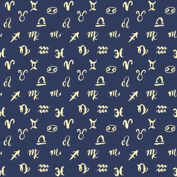 Zodiac signs seamless pattern Hand drawn horoscope astrology symbols grunge textured design typography print vector illustration
