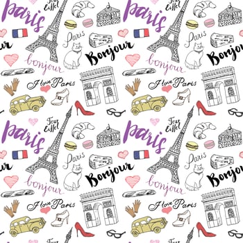 Paris seamless pattern with Hand drawn sketch elements Eiffel tower triumf arch fashion items Drawing doodle vector illustration isolated on white