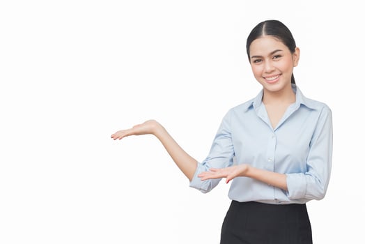 business woman show something isolated on white background asian beauty photo