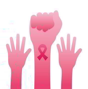hands fight with pink ribbon breast cancer silhouette style icon vector