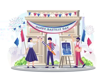 Happy French couple and Painter celebrate Bastille Day on 14th July illustration vector