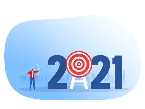 Businessman shooting archery 2021 target. Year achievement focus concept vector