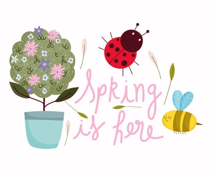 spring potted plant flowers bee ladybud cartoon vector
