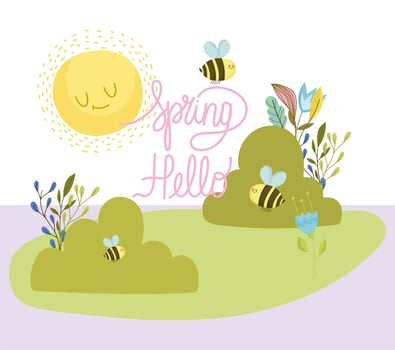 hello spring cartoon bees flowers bushes vegetation vector