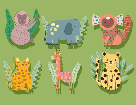 jungle animals hand drawn characters funny cartoon vector